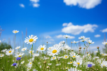 Daisy flowers in a sunny meadow with blue sky. Spring and eco-friendly concept for postcards and environmental awareness campaigns. Banner with copy space.