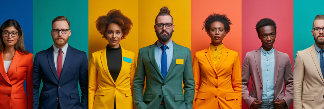 Professional diversity portrait lineup. A group of seven diverse professionals lined up against colorful backgrounds, conveying unity in diversity, perfect for corporate inclusivity campaigns