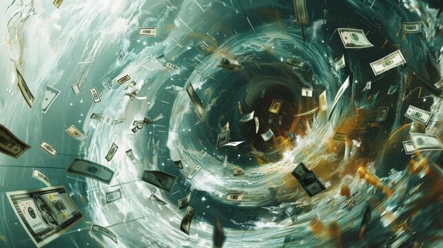 Powerful image of money being sucked into a vortex, symbolizing market crashes or economic downturns
