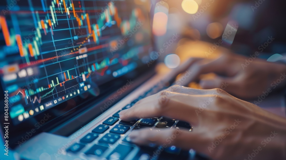 Poster professional analyzing financial data trends on a computer screen. in-depth market research in progr
