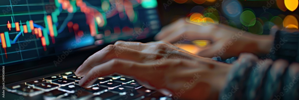 Poster Close-up of hands typing on a laptop with financial charts displayed. Analyzing market data in detail