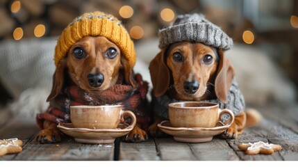 Naklejka premium bavarian dachshund or sausage dogs couple with gingerbread and mug isolated on white background , ready for the beer celebration festival in munich Genrative AI