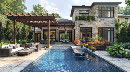 Backyard living space with outdoor furniture next to pool under a pergola Genrative AI