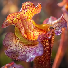 A stunning close-up photograph of a carnivorous plant, the cobra lily. The plant's unique shape and vibrant colors make it a popular subject for photographers.