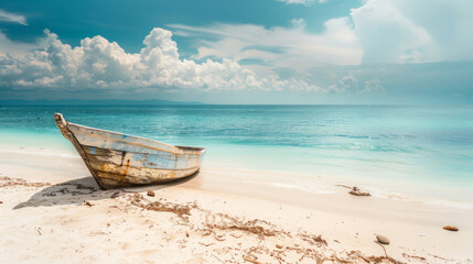 Serene tropical beach scene with old boat on sandy shore
