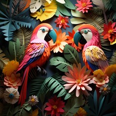 A beautiful illustration of two parrots in a jungle setting, made of paper and vibrant colors.
