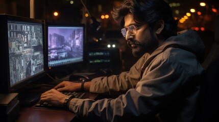 Indian game designer creating characters and worlds for adventure game in diverse office