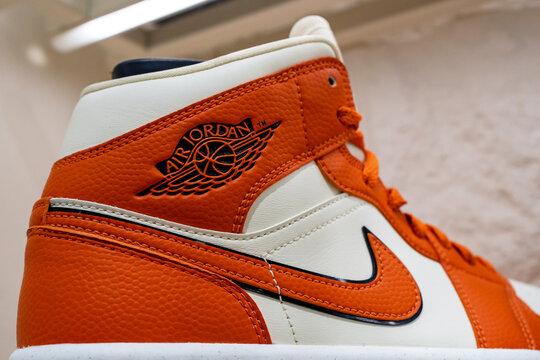 Air Jordan (Nike) logo on sneakers close-up. Nike Air Jordan sneakers on a shelf in a sports shoe store. Minsk, Belarus - may 02, 2024