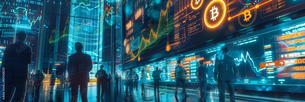 Poster Modern finance trading with glowing screens displaying cryptocurrency and stock market data. Advanced tech in use