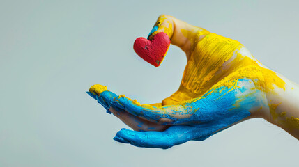 Female hand with heart in colors of Ukrainian flag 