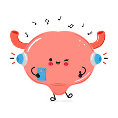 Bladder listens to music on headphones with a smartphone. Vector hand drawn cartoon kawaii character illustration icon. Isolated on white background. Bladder character concept