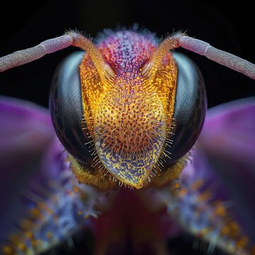 Take an extreme close up photograph of a bee's head. The bee is covered in iridescent green and purple scales.