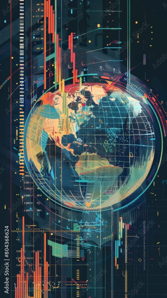 Poster global financial trends highlighted through a glowing earth and data analytics. focus on market fluc