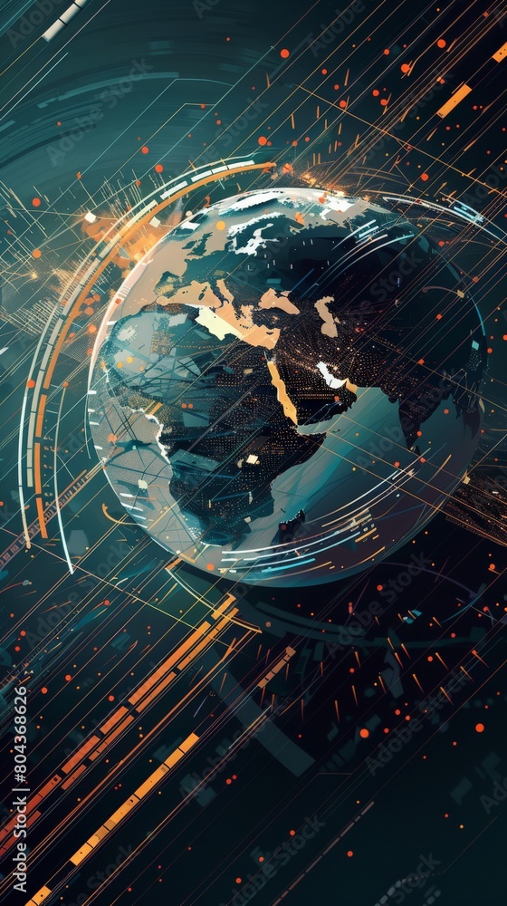 Poster Digital world map encircled by data streams representing global trading dynamics.