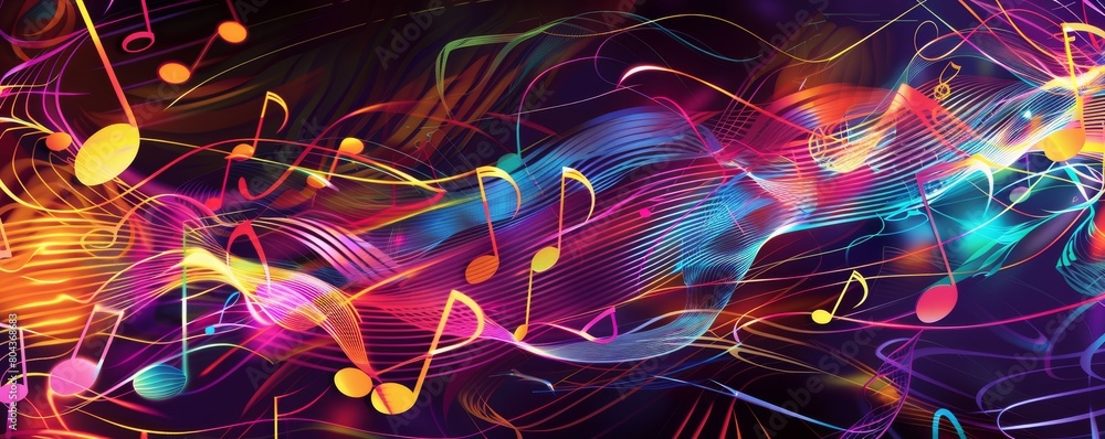 Poster abstract music visual with colorful notes and dynamic lines