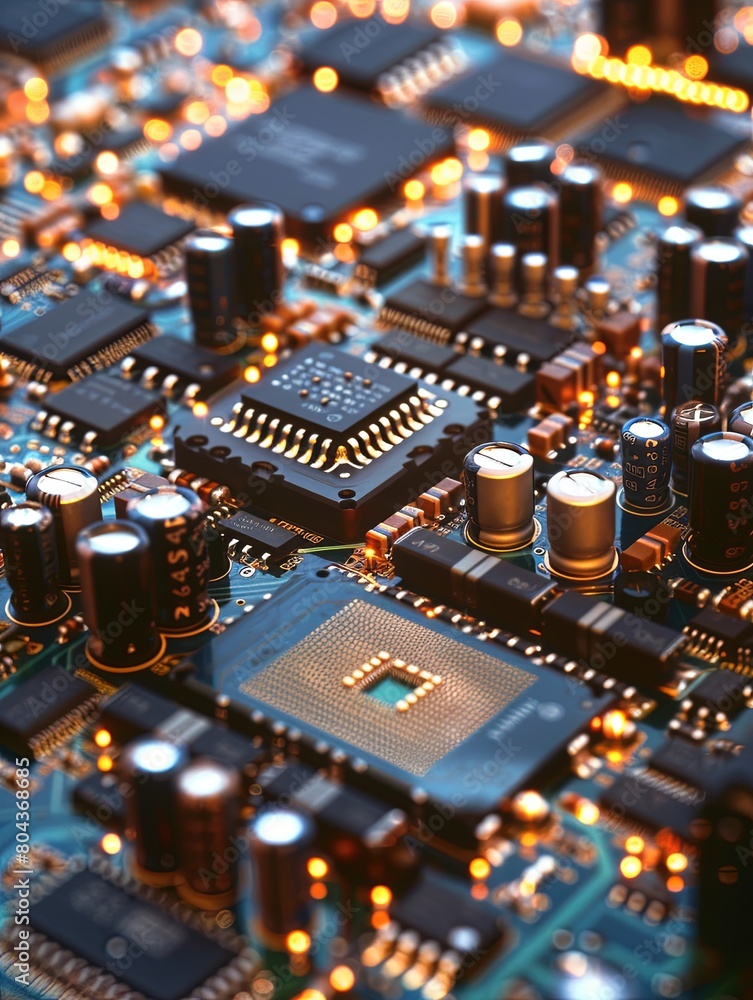 Poster a detailed view of a circuit board filled with various electronic components such as microchips, res
