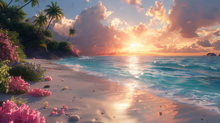 Tropical beach sunset with vibrant flowers and serene ocean