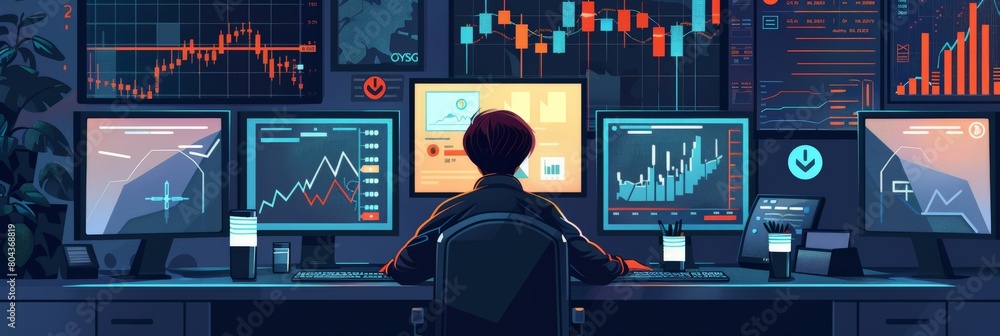 Aufkleber trader's high-tech workstation with extensive market data on digital screens, focusing on market ana