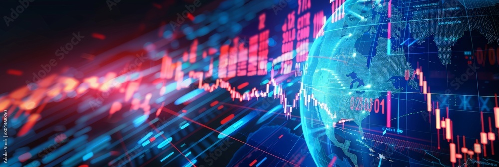 Poster professional trader analyzing stock market trends on multiple screens in a modern trading office.