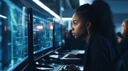 Female engineer coding drone control software in research lab for flight industry innovation