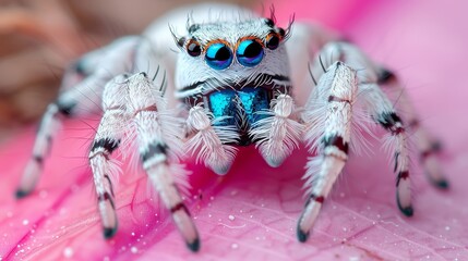 Macro close-up of a jumping spider with bright eyes and long legs crawling on a surface in nature. Bright colors.