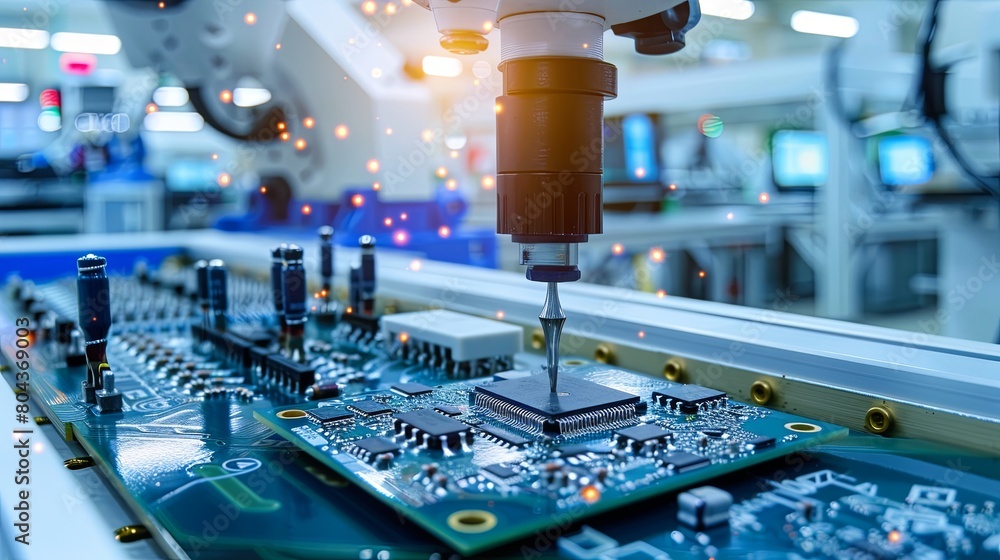 Poster A machine meticulously soldering components onto a circuit board in a manufacturing workshop filled with electronic microchips. Generative AI