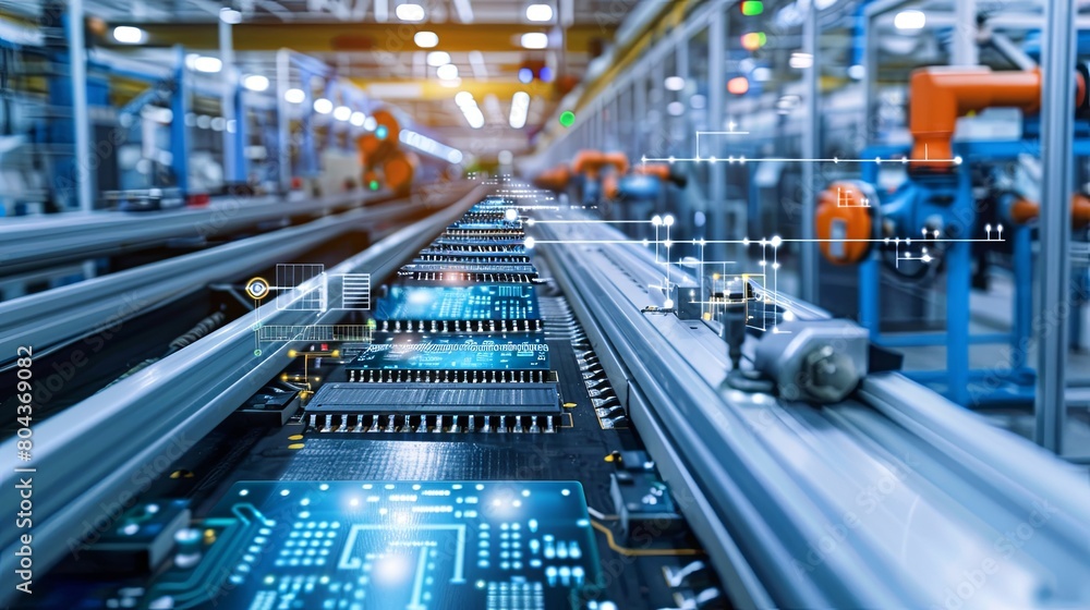 Aufkleber A bustling factory floor filled with various machines and equipment, including electronic microchips and printed circuit boards in a manufacturing workshop. Generative AI