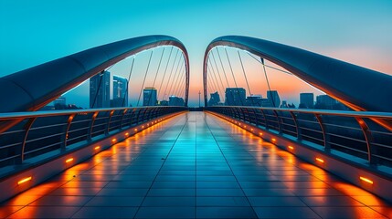 Fototapeta premium Captivating Pedestrian Bridge Linking Dynamic Cultural Districts at Dazzling Nightfall in Futuristic Cityscape