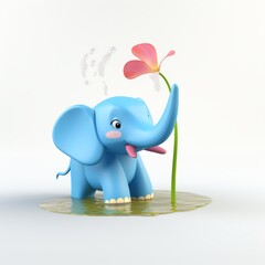 A cartoon blue elephant is standing in a puddle of water. It has a pink flower in its trunk and is spraying water from its trunk.