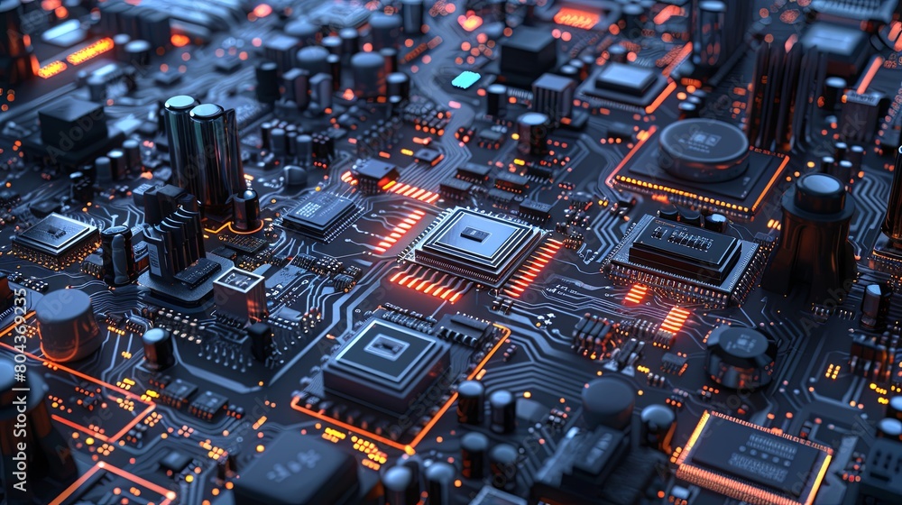 Poster detailed view of electronic microchips and printed circuit boards in a manufacturing workshop settin
