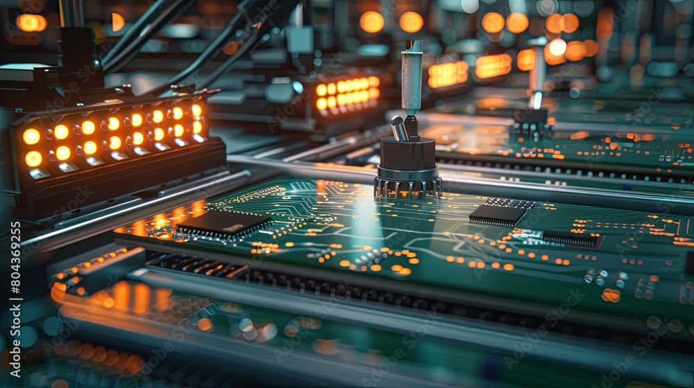 Leinwandbilder detailed view of a circuit board with illuminated lights, showcasing intricate electronic components