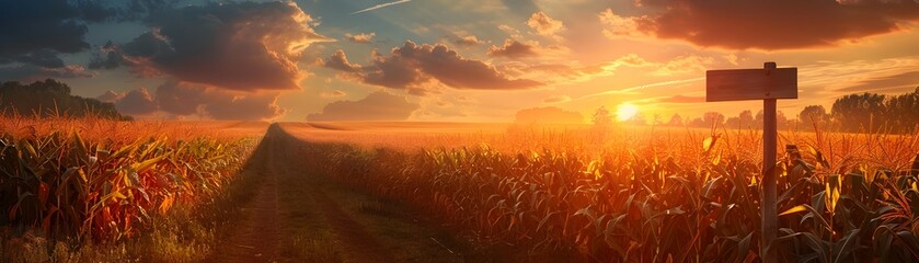 Stunning sunset over a bioenergy cornfield showcasing the potential of renewable energy sources and...