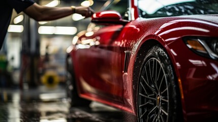 Professional detailer cleaning red performance car with high pressure water at auto shop