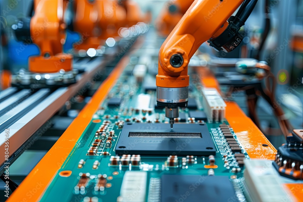 Poster a detailed view of a motherboard with a robot placed on it, showcasing electronic components in a ma