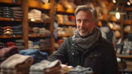 Fototapeta premium This man standing in front of a store filled with clothing. Man Standing in Front of Clothing Store
