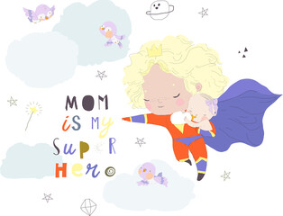 Super Mom Holding Newborn Baby Wearing a Cape. Superhero Mother showing Strength and Confidence. Vector Illustration