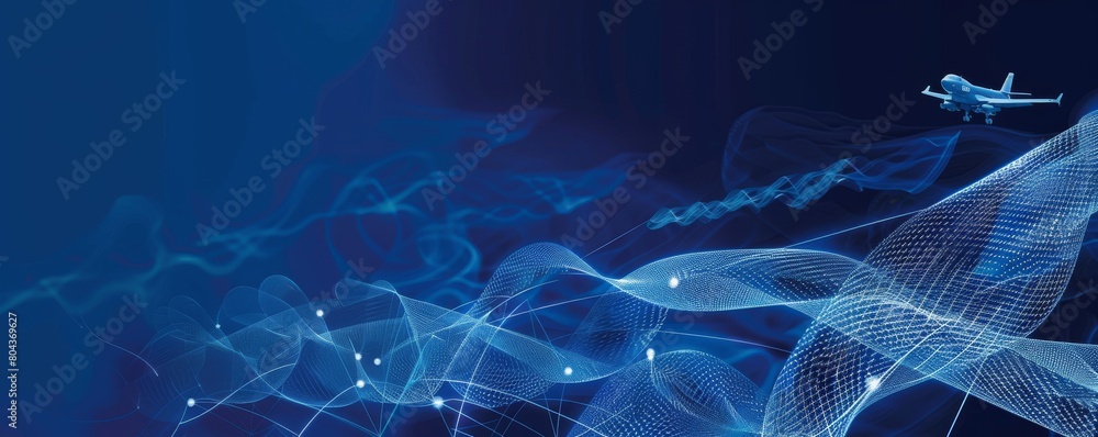 Poster sleek airplane traversing abstract digital airwaves in a dynamic technological illustration