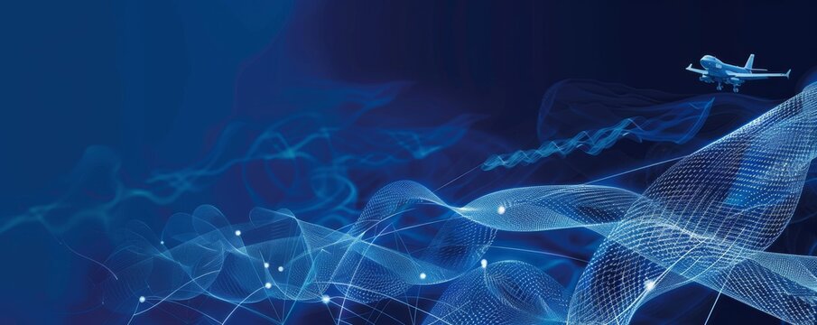 Sleek airplane traversing abstract digital airwaves in a dynamic technological illustration