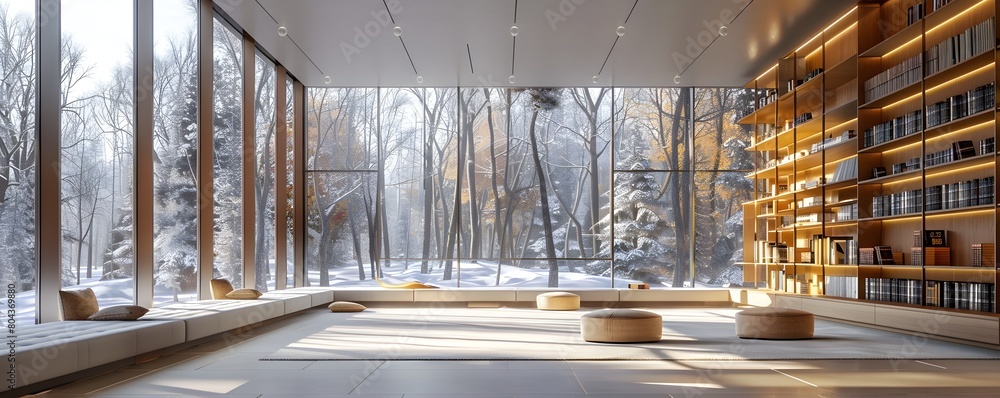 Poster architect designed modern library with expansive windows and reading nooks in snowy forest setting