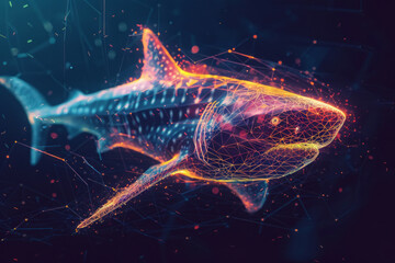 Digital shark in neon wireframe on dark background