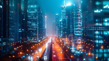 Obraz premium Captivating Cityscape of Glowing Skyscrapers and Bustling Streets in a Vibrant Modern Metropolis