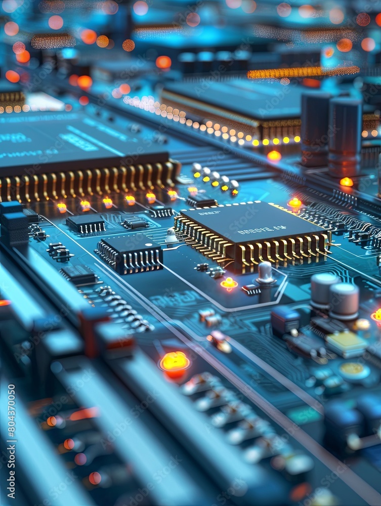 Poster detailed view of a computer circuit board with electronic microchips and components in a manufacturi