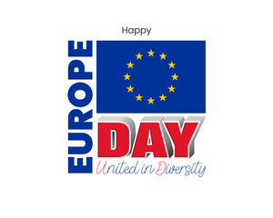 Holiday design, background with handwriting 3D texts and flag of the European Union for Europe day event celebration; Vector illustration