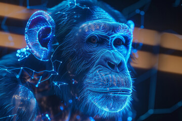 Digital visualization of chimpanzee in futuristic blue light - obrazy, fototapety, plakaty