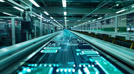 Obraz premium A long conveyor belt moving electronic microchips and printed circuit boards in a large industrial building. Generative AI
