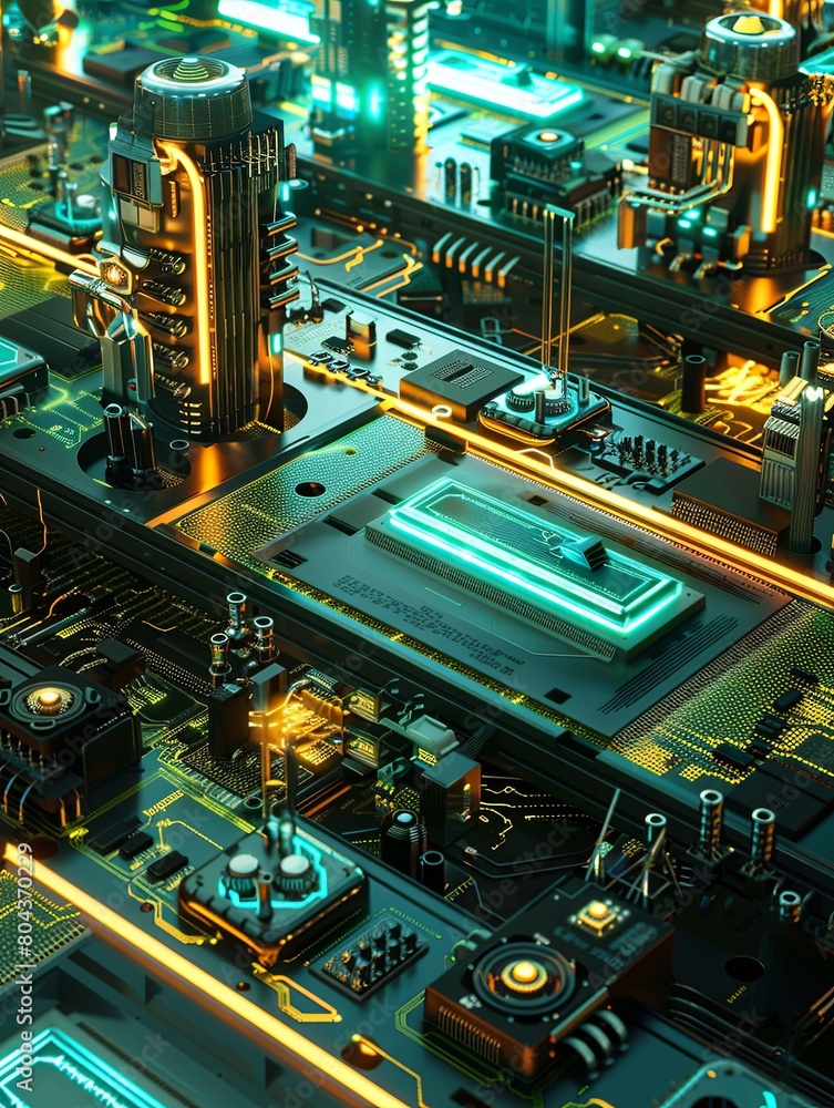 Poster A detailed view of a computer circuit board with numerous interconnected wires, showcasing the intricate design and functionality of electronic components. Generative AI