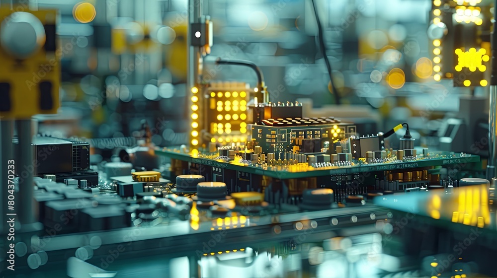 Aufkleber detailed close up of a circuit board with a building in the background, showcasing electronic compon
