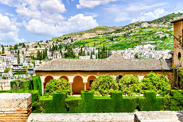 Views of the Albaicín neighborhood from the Alhambra Monumental Complex in Granada, Spain