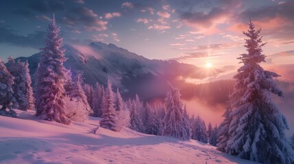 Incredible winter landscape with snowcapped pine trees in frosty morning. Amazing nature scenery in winter mountain valley. Awesome natural Background. Soft light effect. High quality photo