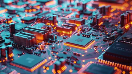 Obraz premium Detailed view of electronic microchips and printed circuit boards in a manufacturing workshop. Generative AI